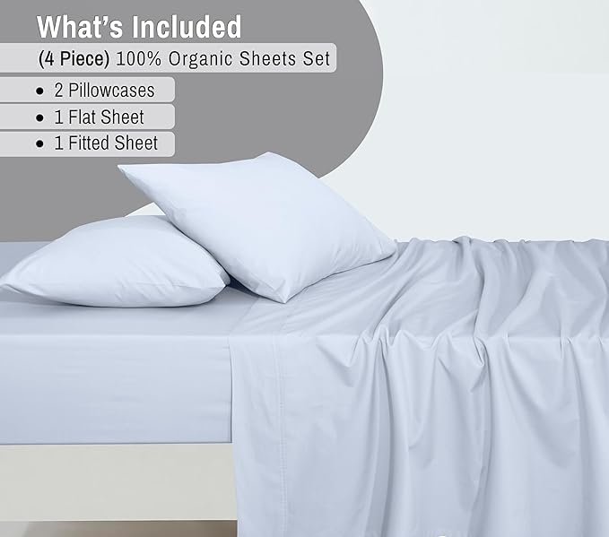 RUVANTI 100% Organic Cotton Sheets Queen Size, Percale Weave, GOTS Certified, 4-Piece Set, Deep Pocket 15", Crisp & Breathable, Soft Durable Bedding, Sábanas Algodón Orgánico – Arctic Ice