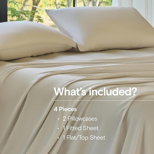 DOZ Sheet Set, 100% Viscose derived from Bamboo, Organically Grown, Buttery Soft, Cooling Sheets, High GSM, Deep Pockets - 4 Piece - 2 Pillowcases 1 Fitted 1 Top Sheet (Sand, Full)