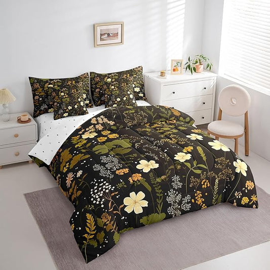 Wild Flowers Leaves King Comforter Set with Sheets Bed in a Bag 7 Pcs,Spring Botanical PlantsBed Set,Retro Country Decor Bedding Sets with Comforter,Flat,Fitted Sheet,Pillowcases,Pillow Covers