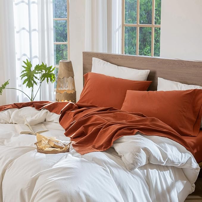 MooMee Bedding Sheet Set 100% Washed Cotton Linen Like Textured Breathable Durable Soft Comfy (Solid Rust Brown, Full)
