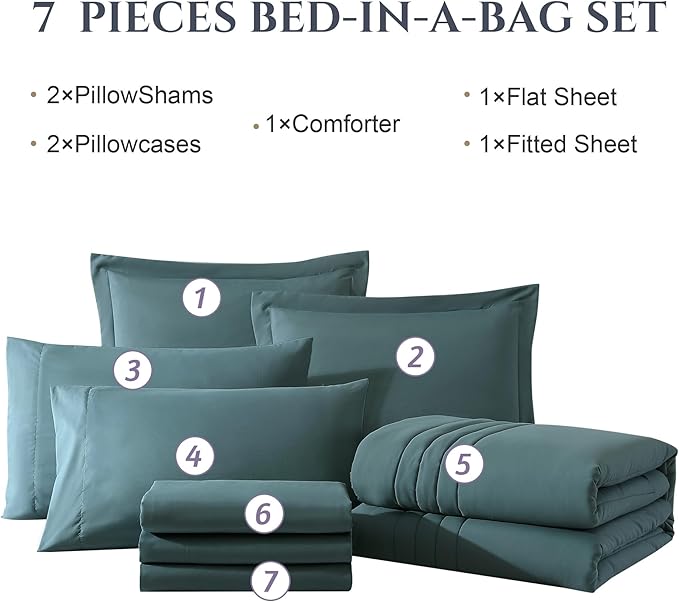 Monbix Full Comforter Set - 7 Pieces Blue Green Bed in a Bag Full Size Bedding Sets with Comforters, All Seasons Comforter with Sheets, Pillowcases & Shams