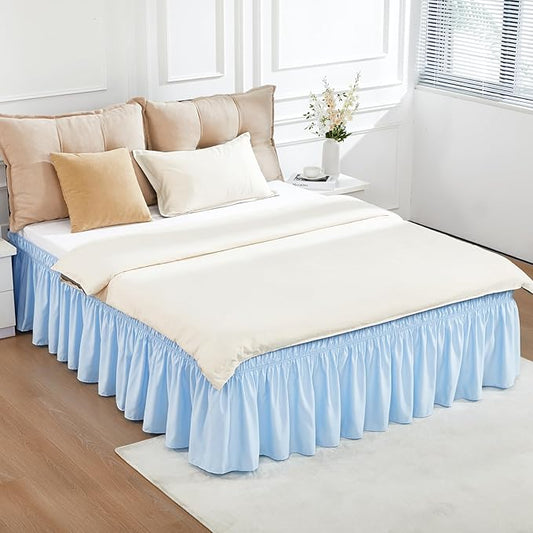 RIMELA Light Blue Bed Skirt Queen Size 15 Inch Drop, Elastic Bed Skirting for Bed Base and Frame, Bedding Dust Ruffle Easy to Install, Lightweight Wrap Around Adjustable Bedskirt