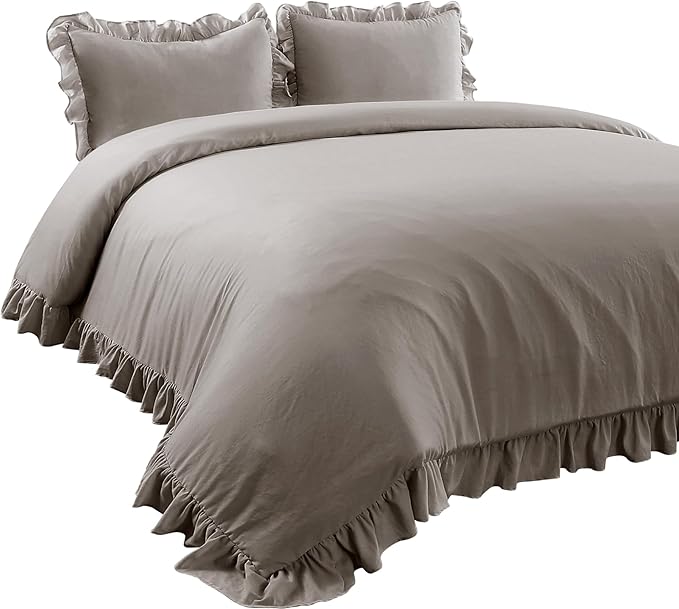 Lush Decor Reyna Ruffle Comforter Set - 3 Piece Cozy Ruffled Bedding Set - Timeless Elegance and Comfort for Bedroom - King, Gray