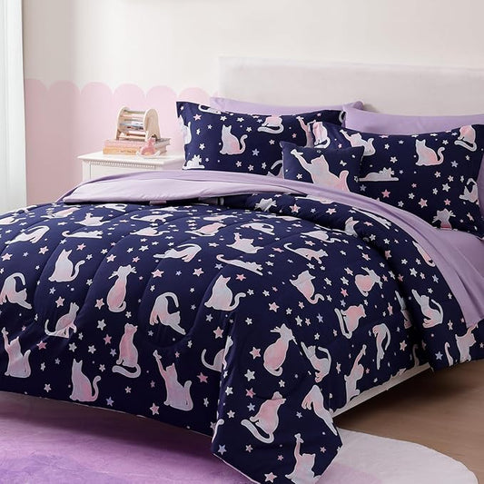 Full Size Comforter Set for Girls-4 Pieces Cute Cat Full Bedding Sets for Kids, 1 Comforter, 2 Shams and 1 Decor Pillow