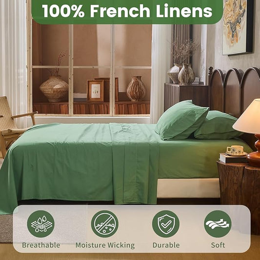 100% Linen Sheets King Size,Breathable & Durable 4-Piece Bed Flax Sheet Set,Soft All-Season Bedding for Hot Sleepers 16" Deep Pocket Oeko-TEX Certified,(King, Sage Green)