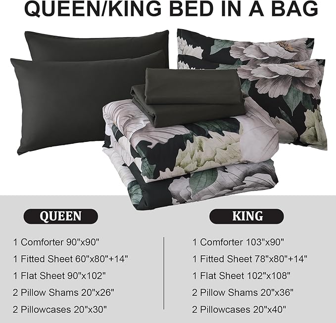 Dobuyly Black Comforter Set Queen 7 Piece Bed in a Bag, Floral Comforter Set with Sheets, Soft Microfiber Botanical Flower Bedding Set for All Season