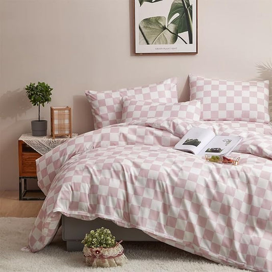 Houseri White and Pink Comforter Set Queen Plaid Baby Pink Checkerboard Comforter Bedding Sets Queen Size Girls Women Elegant Light Pink Grid Buffalo Checkered Bed Comforter Comfy Soft Pale Pink Queen