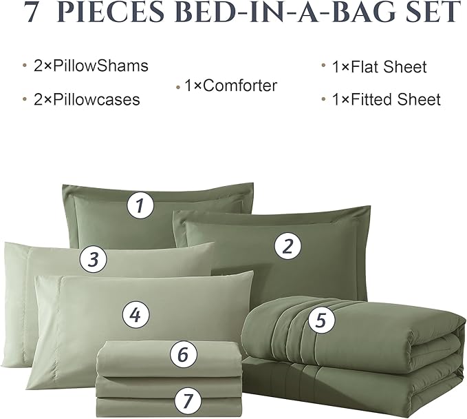 Monbix Full Comforter Set - 7 Pieces Light Sage Green Bed in a Bag Full Size Bedding Sets with Comforters, All Seasons Comforter with Sheets, Pillowcases & Shams