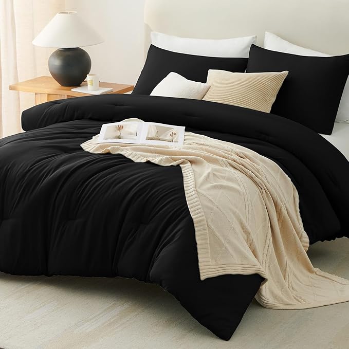 CozyLux Twin/Twin XL Comforter Set Black, 2 Pieces Twin Extra Long Solid Breathable Bedding Sets for College Dorm, Luxury Soft Bed Set with Down Alternative Comforter and 1 Pillowcase All Seasons