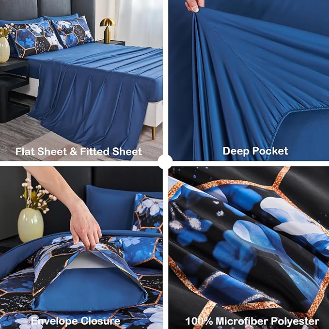 ANGIYUIN 7Pcs Blue Marble King Comforter Sets Floral Bedding Sets Gold Honeycomb Bed in A Bag with Sheets Soft Microfiber Bed Sets for Women Men