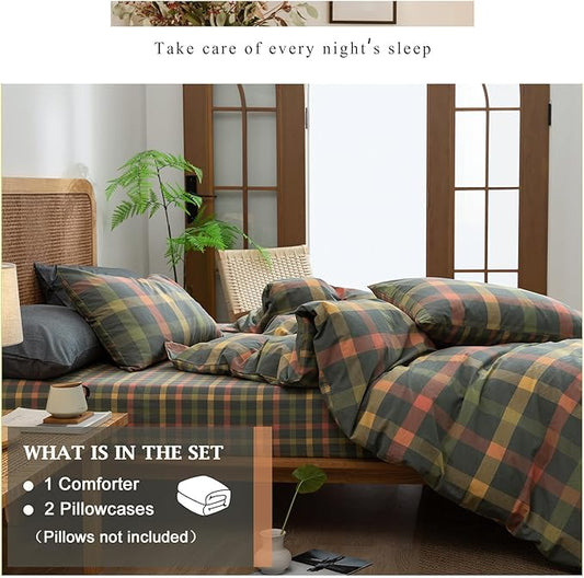 VM VOUGEMARKET Plaid Comforter Set Queen Colorful Grid Checkered Comforter with 2 Pillowcases Modern Style Bedding Set for All Seasons-90 x90