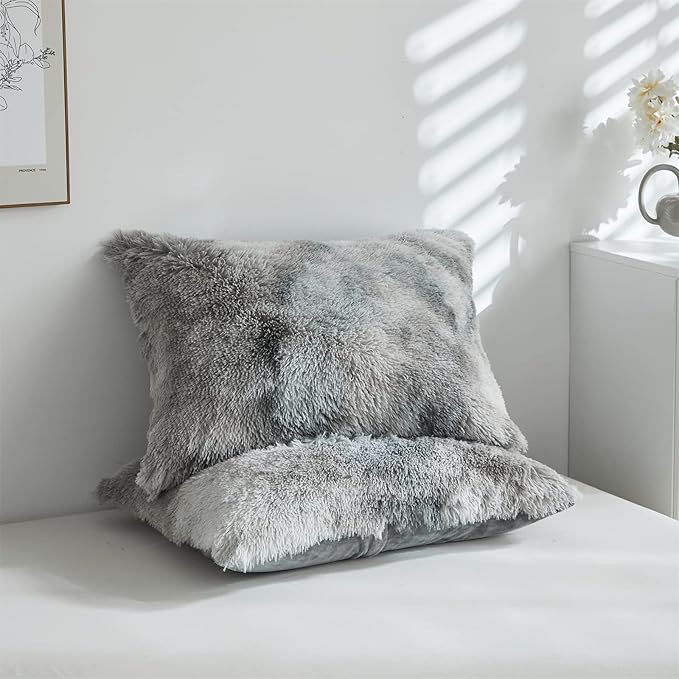 Wajade Faux Fur Plush White Comforter Set Fluffy Fuzzy Shaggy Bedding Set - 3PC Full/Queen Microfiber Soft Warm Quilt Set (Tie Dye Grey White, King)