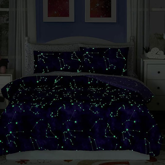 Full Size Comforter Set -7 Pieces Girls Boys Galaxy Glow in the Dark Full Bedding Sets for Kids, Ultra Soft Bed in A Bag with Sheets