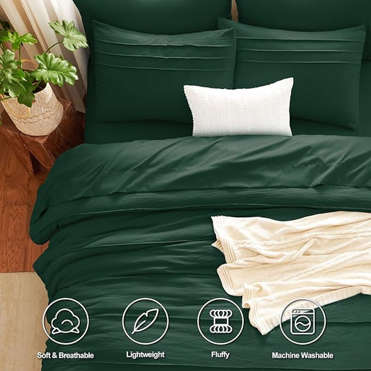 CozyLux King Size Comforter Set Emerald Green, 7 Pieces Soft Pinch Pleat Bed in a Bag King Comforter Set with Sheets, Bed Set with Down Alternative Comforter, Sheets, Pillowcases & Shams