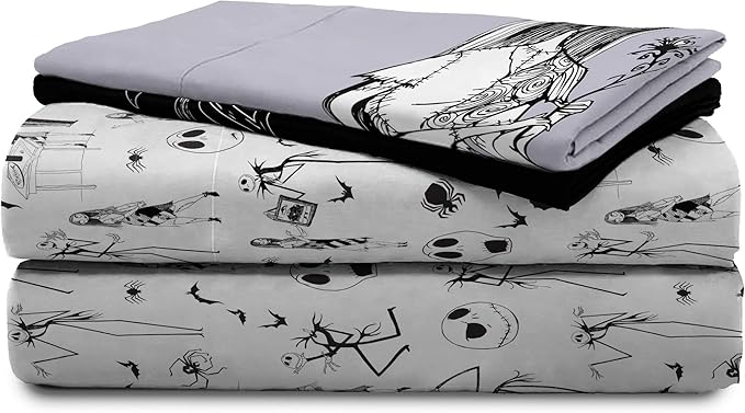 Jay Franco Kids Sheet Set with Fitted, Flat Sheets & Pillow Cover - Ultra-Soft Bedding with Pillowcase for Room Decor, White - Nightmare Before Christmas, 4 Piece Full