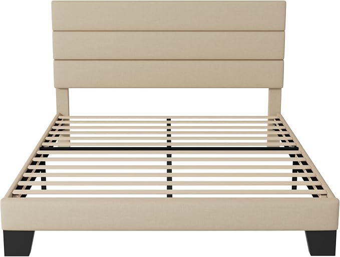 Allewie Full Size Platform Bed Frame with Fabric Upholstered Headboard | Wooden Slats Support, Fully Upholstered Mattress Foundation, No Box Spring Needed, Easy Assembly, Noise-Free, Beige