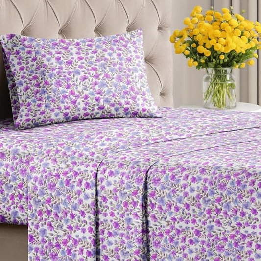 Floral Sheets - Purple Floral Bed Sheet Set - 1 Flat, 1 Fitted & 1 Pillowcase w/ Deep Pockets - Comfy, Wrinkle & Fade Free Boho Botanical Bedding - Ultra-Soft, Breathable and Cooling - Twin Size New