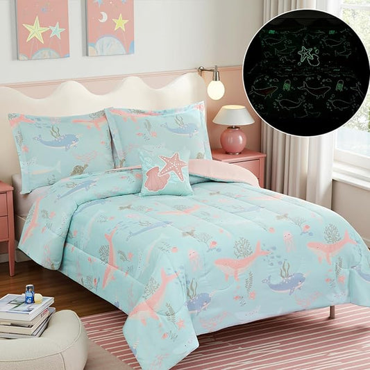 Glow in The Dark Kids Comforter Set Full Size for Girls, Ocean Animals Bedding Set 1 Comforter, 1 Decor Pillow, 2 Pillow Shams