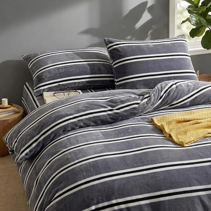 Bedbay Grey Striped Bedding Comforter Set Queen Size Luxury Velvet Fleece Comforter Set 3 Pcs Fluffy Plush Flannel Bedding Set Cozy Reversible Fleece Soft Warm Shaggy Faux Fur Bed Set All Season