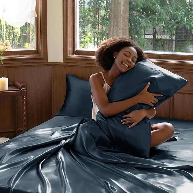 CozyLux Satin Sheets Queen Size Bed Set - 4 Piece Silky Queen Sheet Set, Luxury Steel Blue Queen Sheets with Smooth and Soft Microfiber, Includes 1 Fitted Sheet, 1 Flat Sheet and 2 Pillowcases