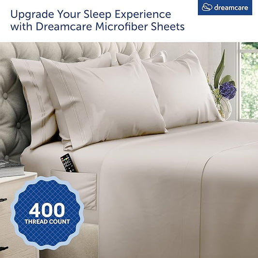 DREAMCARE King Size Sheets Set โ 6 pcs Cooling Bed Sheets โ up to 21โ Deep Pocket King Sheet Set โ 2500 Supreme Collection โ Extra Soft 100% Brushed Microfiber Hotel Luxury with Side Pocket โ Beige