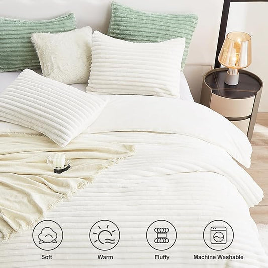 CozyLux Fluffy King Size Comforter Set - Super Soft Faux Fur Cream White Comforter King Size, Winter Warm Fleece Bedding Set, 3 Pieces Plush Fuzzy Bed Set (1 Shaggy Comforter, 2 Pillowcases)