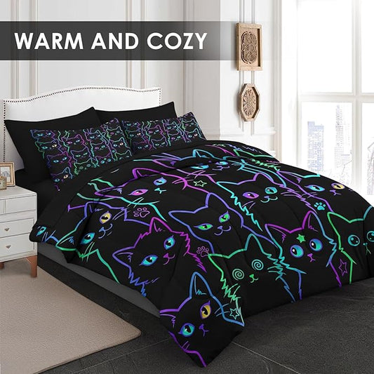 7 Pcs King Size Comforter Set with 2 Pillowcases & 2 Shams, Cute Cat Halloween Bedding Set for Kids and Adults, Neon Funny Gothic Bed in a Bag with Flat Sheet and Fitted Sheet