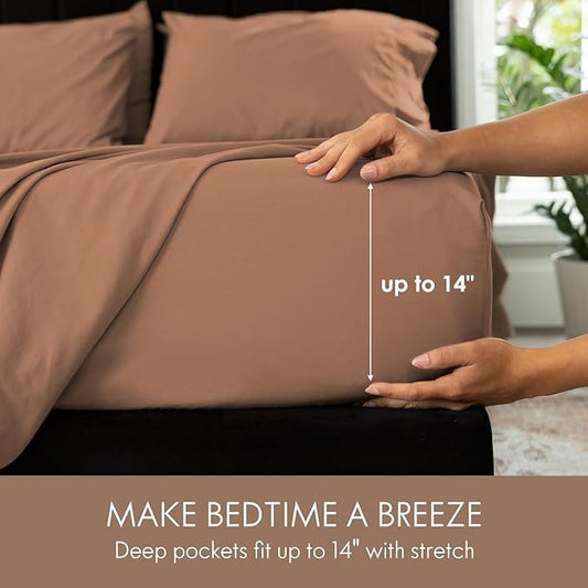 ClevaHome Full Size Sheet Set - 6 Piece Soft Breathable Luxury Bed Sheet Set - Shrinkage & Fade Resistant Embroidered Bedding Sheet with 14-inch Deep Pocket, 2 Extra Pillowcases (Full, Sandy Brown)