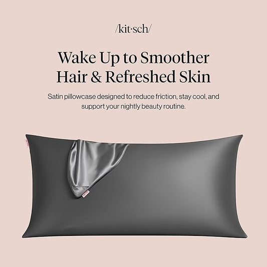Kitsch Satin Pillowcase with Zipper for Hair & Skin - Softer Than Silk Pillow Cases, Smooth Cooling Satin Pillow Case, Wrinkle-Free, Machine Washable - King Size Satin Pillow Case (19x36) - Charcoal