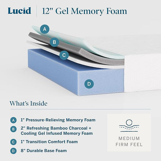 Lucid 12 Inch Memory Foam Mattress - Medium Firm Feel - Infused with Refreshing Bamboo Charcoal and Cooling Gel - Bed in a Box - Temperature Regulating, Pressure Relief - Breathable - California King