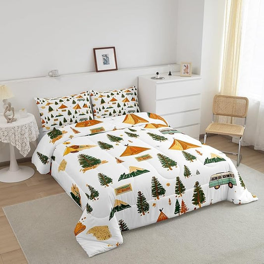 Feelyou Camping Comforter Set Twin Size Vintage Comforter Camper Accessories for Travel Trailers Bedding Set Camper Duvet Set Room Decor Ivory Quilt Set