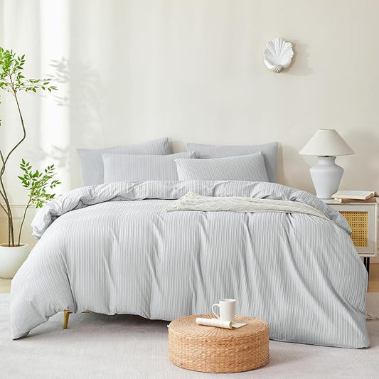 Comforter Set Queen Light Grey Striped Washed Microfiber 3 Pieces Jacquard Bedding, Grey Vertical Ticking Stripes Comforter with 2 Pillowcases, Luxury Soft Breathable Durable Comfy