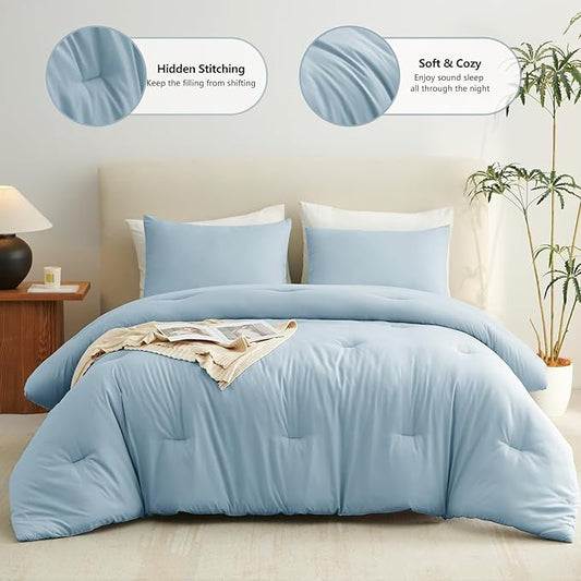 CozyLux King Size Comforter Set Light Blue, 3 Pieces Solid Comforters King Size Breathable Quilted Bedding Sets, Luxury Soft Lightweight Bed Set with Down Alternative Comforter and 2 Pillowcases