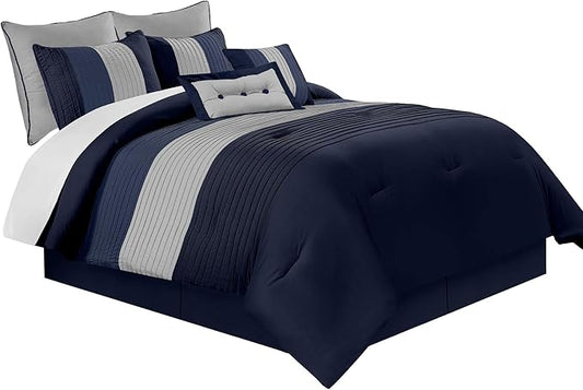 Chezmoi Collection Loft 8-Piece Luxury Striped Comforter Set (Queen, Navy/Gray/Blue)