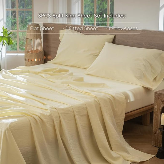 MooMee Bedding Sheet Set 100% Washed Cotton Linen Like Textured Breathable Durable Soft Comfy (Heathered Butter Yellow, Twin)