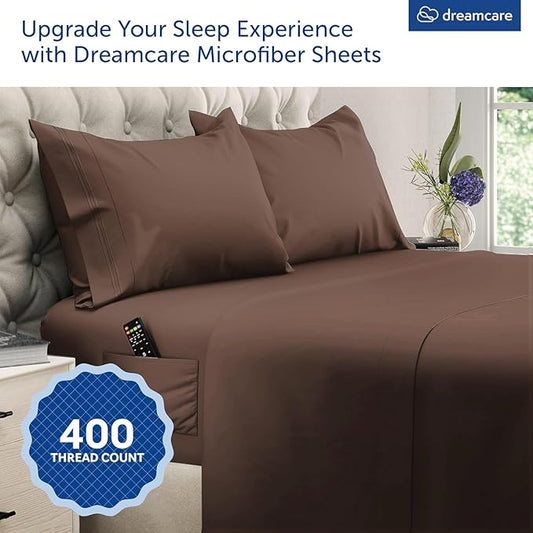 DREAMCARE King Size Sheets Set – 4 pcs Cooling Sheets – up to 21” Deep Pocket King Sheet Set – Hotel Luxury Sheets & Pillowcases – Superior Softness 100% Microfiber with Side Pocket - Mocha Brown