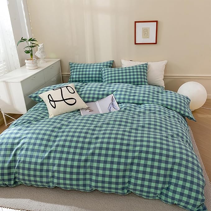 EAVD Mini Grid Plaid Duvet Cover Twin Soft Cotton Green Blue Plaid Bedding Set with 2 Pillowcases Modern Simple Checkered Geometric Duvet Cover with Zipper Closure