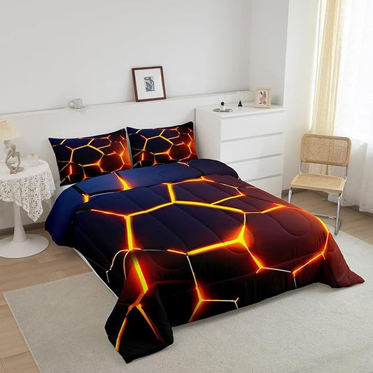 Honeycomb Print Bedding Set Red Black Fire Hexagonal Pattern Comforter Set for Kids Boys Girls Teens Beehive Geometrical Comforter Breathable Simplistic Duvet Set Room Decor Quilt Set Full Size