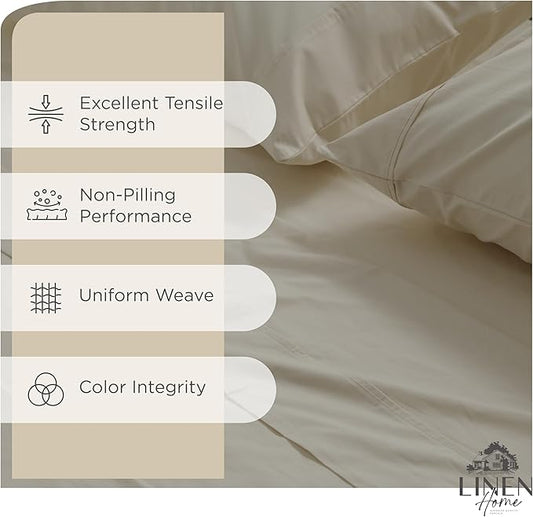 Linen Home 100% Cotton Percale Sheets Twin Size,Light Taupe, Deep Pocket, 3 Pieces Set - 1 Flat, 1 Deep Pocket Fitted Sheet and 1 Pillowcase, Crisp Cool and Strong Bed Linen