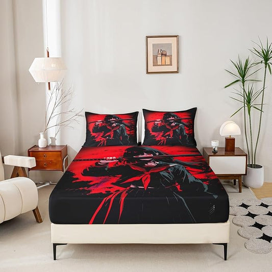 Erosebridal Japanese Anime Bedding Set for Kids, Anime Girl Fitted Sheet Twin Size Japanese Girl Bed Sheets for Girls Teens Adult, Kawaii Animation Red Black Sheets, Machine Washable