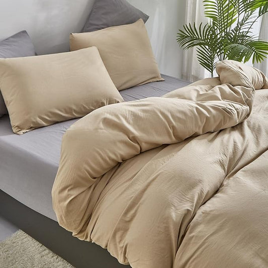 KAREVER Champagne Comforter Set Queen Bedding Set Women Solid Khaki Bed Comforter Set Plain Beige Breathable Blanket Men Light Champagne Lightweight Quilts Set Queen Size