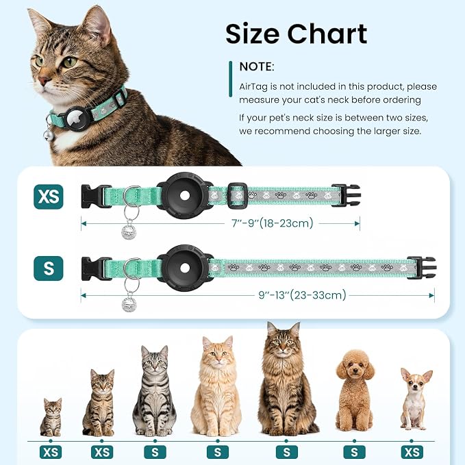 Reflective AirTag Cat Collar, Integrated Cat Collar with Air Tag Holder | Built in AirTag Holder, Adjustable 7-13in for Cats, Kittens and Puppies, Safety Elastic Band, Reflective for Night Walking