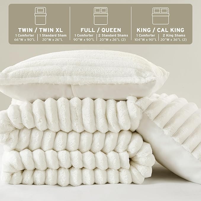 Intelligent Design King Comforter Set, Plush Bedding, Microfiber Reverse, 3 Piece, Lightweight, Super Soft Ribbed Velvet Comforter 2 Shams, All Season Fluffy Bed Set, Avril, King/Cal King Ivory