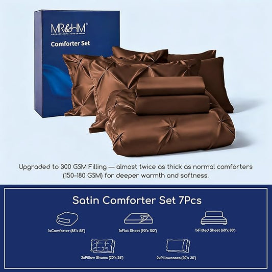 MR&HM Satin Comforter Queen 7 Pieces - Luxurious Pinch Pleat Bedding Set with Comforter, Flat Sheet, Fitted Sheet, Pillowcases & Shams, Super Silky Soft Bed Set for All Season (Queen, Brown)