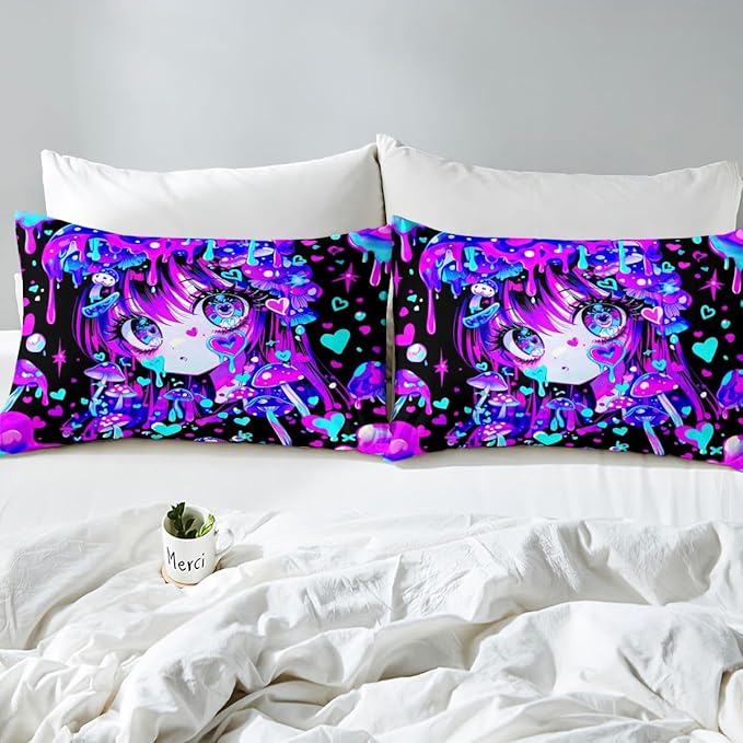 Erosebridal Japanese Girl Fitted Sheet for Boys Girls Kids Cartoon Girly Queen Bed Sheets,3D Anime Gifts Sheets Colorful Graffiti Print Bedding Sets, No Top Sheet