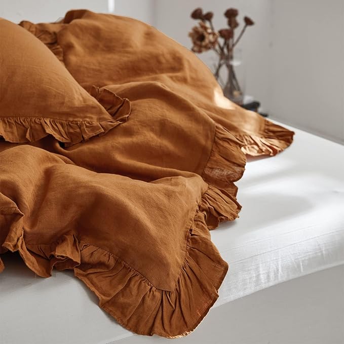 Simple&Opulence 100% Linen Duvet Cover Set, 3 PCS Natural French Flax Rust Ruffle Duvet Cover Queen Size, Breathable Comfy Linen Bedding Comforter Cover with 2 Pillowcases (Rust, 88" X 92")