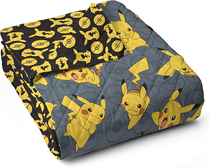Northwest Pokemon Company Reversible Twin Quilted Blanket - Pikachu & Pokeball Pattern for Anime Fans, Cozy Blanket for Bed, Game Room or Couch, 60x90 inches