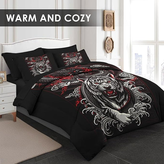 Comforter Set Twin Size, Tiger Dragon 5 Pcs Bedding for Kids and Adults, Black and Red Bed Sheet Sets with Fitted Sheet Pillowcase & Sham for Bedroom Bed Decor