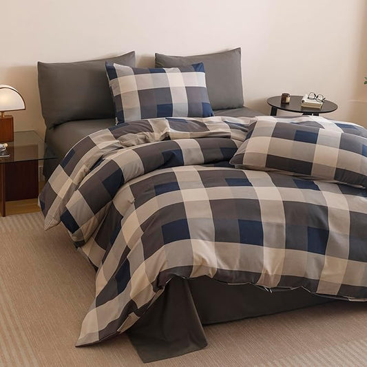 CLOTHKNOW Blue Plaid Queen Comforter Set Gingham Buffalo Bedding Comforter Sets Geometric Comforter Queen Sets with 2 x Pillow Cases