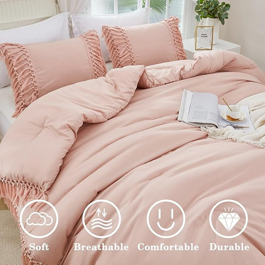 Andency Pink Comforter Set Queen, 3 Pieces Boho Tassel Lightweight Soft Bedding Comforter Sets, All Season Fluffy Fringe Bed Set (90x90In Comforter & 2 Pillowcases)